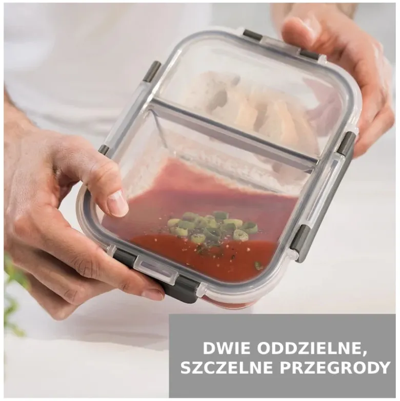 Zestaw 4 pojemników szklanych 1050 ml z przegrodą lunchbox GierekHoff Split 1104 żaroodporne hermetyczne dwukomorowe