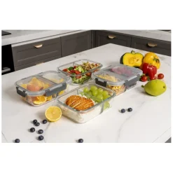 Zestaw 4 pojemników szklanych 1050 ml z przegrodą lunchbox GierekHoff Split 1104 żaroodporne hermetyczne dwukomorowe