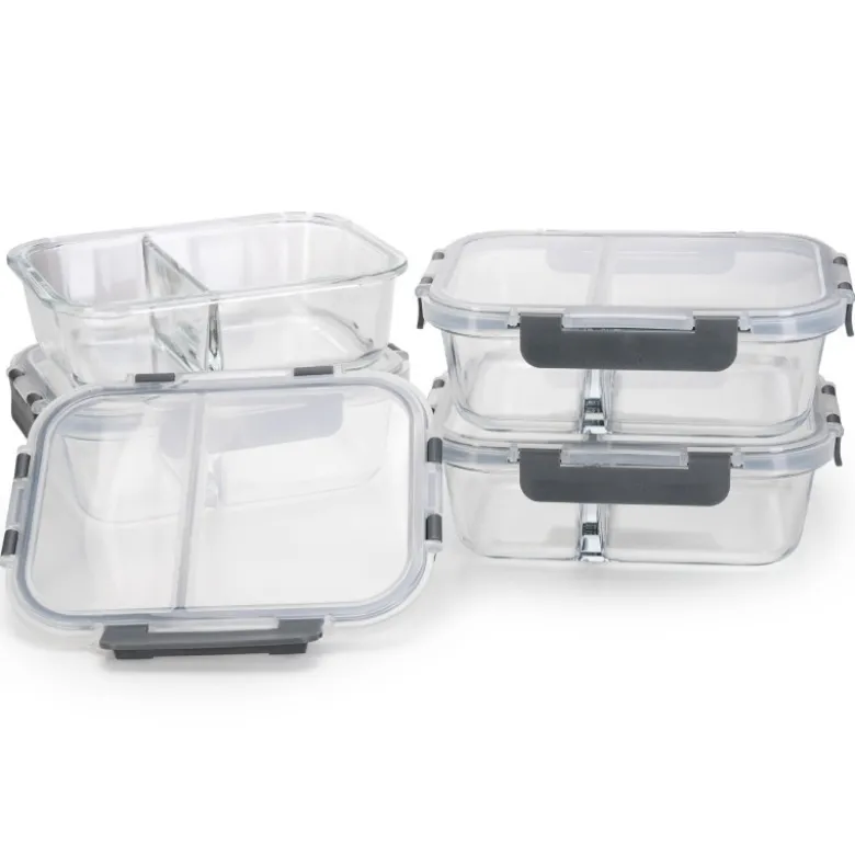 Zestaw 4 pojemników szklanych 1050 ml z przegrodą lunchbox GierekHoff Split 1104 żaroodporne hermetyczne dwukomorowe