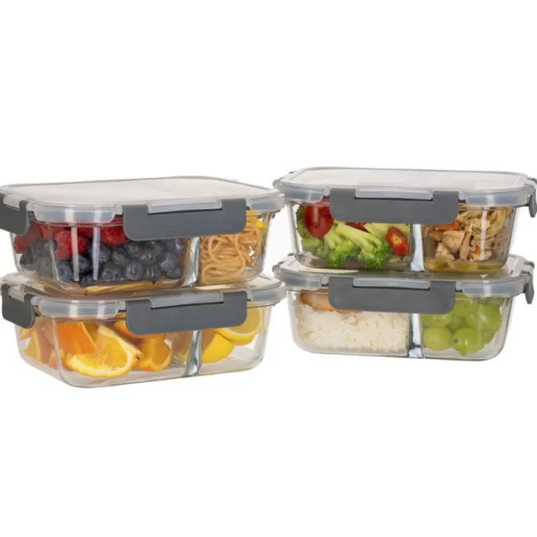Zestaw 4 pojemników szklanych 1050 ml z przegrodą lunchbox GierekHoff Split 1104 żaroodporne hermetyczne dwukomorowe