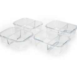 Zestaw 4 pojemników szklanych 1050 ml z przegrodą lunchbox GierekHoff Split 1104 żaroodporne hermetyczne dwukomorowe