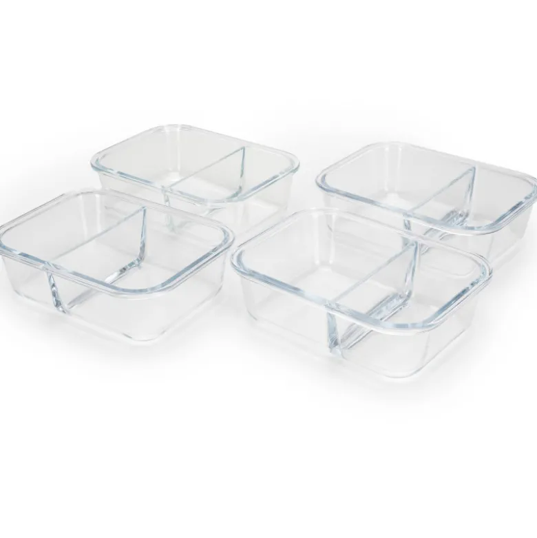 Zestaw 4 pojemników szklanych 1050 ml z przegrodą lunchbox GierekHoff Split 1104 żaroodporne hermetyczne dwukomorowe
