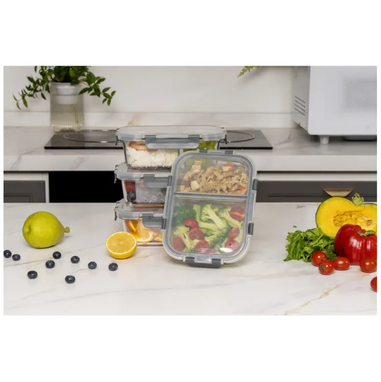 Zestaw 4 pojemników szklanych 1050 ml z przegrodą lunchbox GierekHoff Split 1104 żaroodporne hermetyczne dwukomorowe