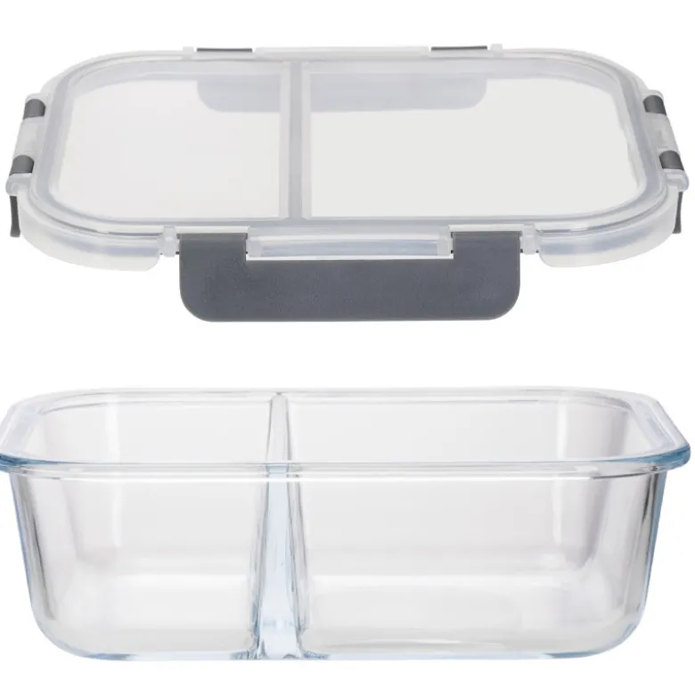 Zestaw 4 pojemników szklanych 1050 ml z przegrodą lunchbox GierekHoff Split 1104 żaroodporne hermetyczne dwukomorowe
