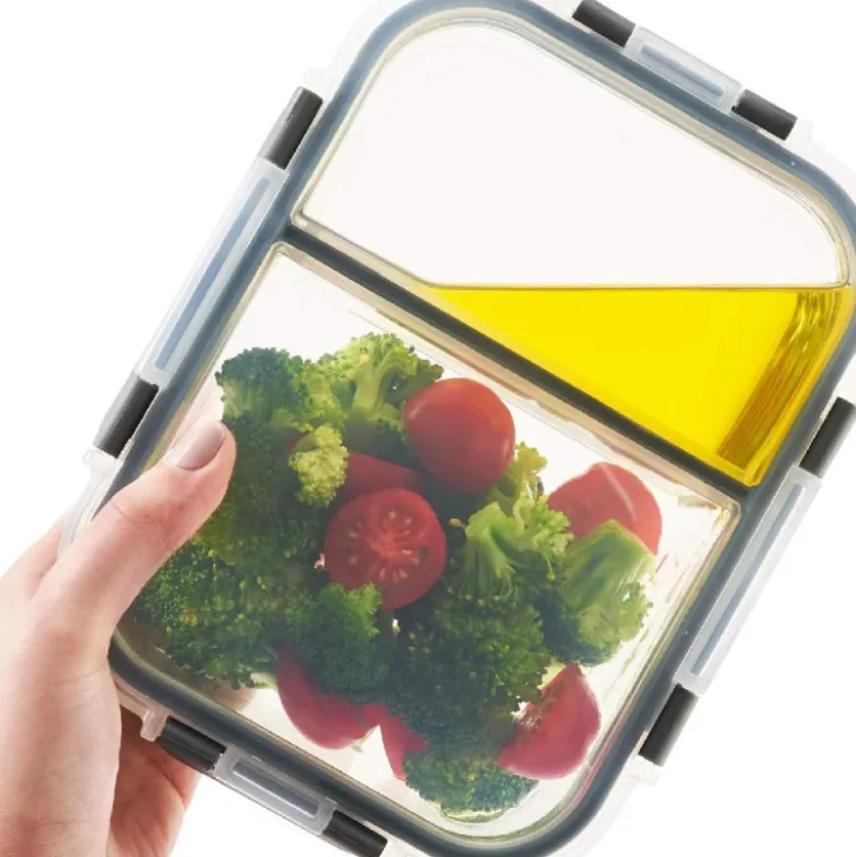 Zestaw 4 pojemników szklanych 1050 ml z przegrodą lunchbox GierekHoff Split 1104 żaroodporne hermetyczne dwukomorowe