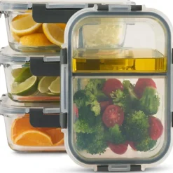 Zestaw 4 pojemników szklanych 1050 ml z przegrodą lunchbox GierekHoff Split 1104 żaroodporne hermetyczne dwukomorowe