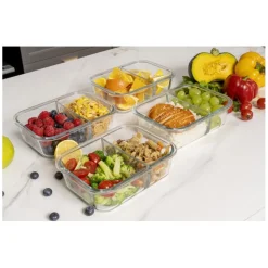 Zestaw 4 pojemników szklanych 1050 ml z przegrodą lunchbox GierekHoff Split 1104 żaroodporne hermetyczne dwukomorowe