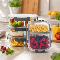 Zestaw 4 pojemników szklanych 1050 ml z przegrodą lunchbox GierekHoff Split 1104 żaroodporne hermetyczne dwukomorowe