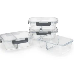 Zestaw 4 pojemników szklanych 1050 ml z przegrodą lunchbox GierekHoff Split 1104 żaroodporne hermetyczne dwukomorowe