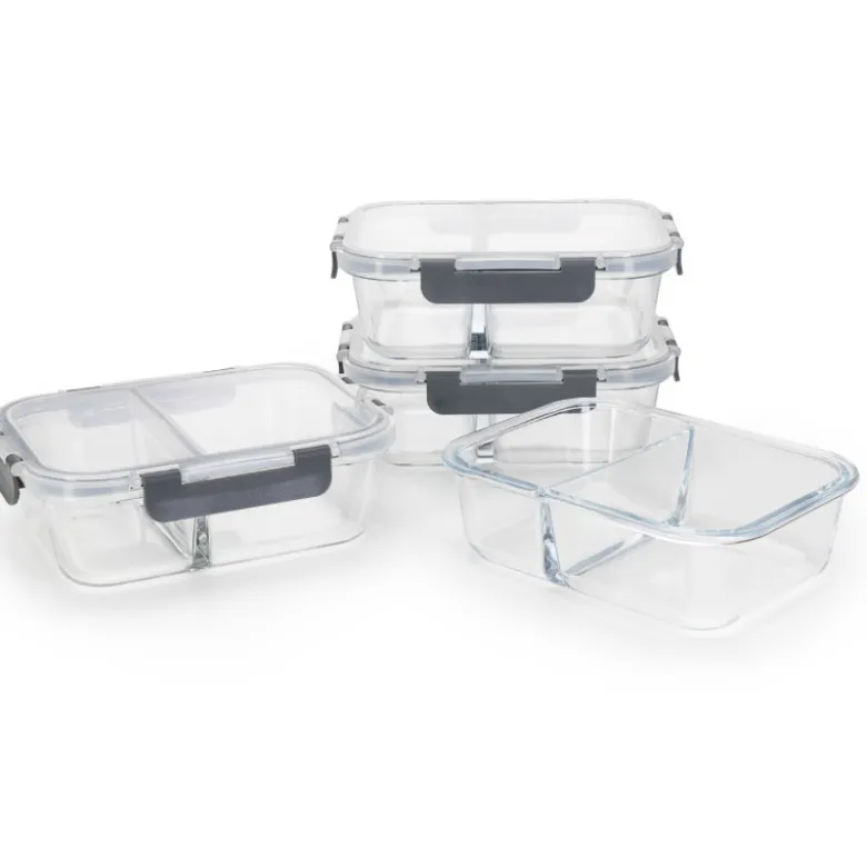 Zestaw 4 pojemników szklanych 1050 ml z przegrodą lunchbox GierekHoff Split 1104 żaroodporne hermetyczne dwukomorowe