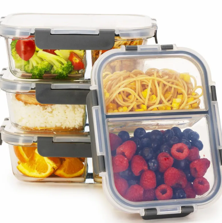 Zestaw 4 pojemników szklanych 1050 ml z przegrodą lunchbox GierekHoff Split 1104 żaroodporne hermetyczne dwukomorowe