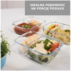 Zestaw 4 pojemników szklanych 1050 ml z przegrodą lunchbox GierekHoff Split 1104 żaroodporne hermetyczne dwukomorowe