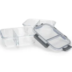 Zestaw 4 pojemników szklanych 1050 ml z przegrodą lunchbox GierekHoff Split 1104 żaroodporne hermetyczne dwukomorowe