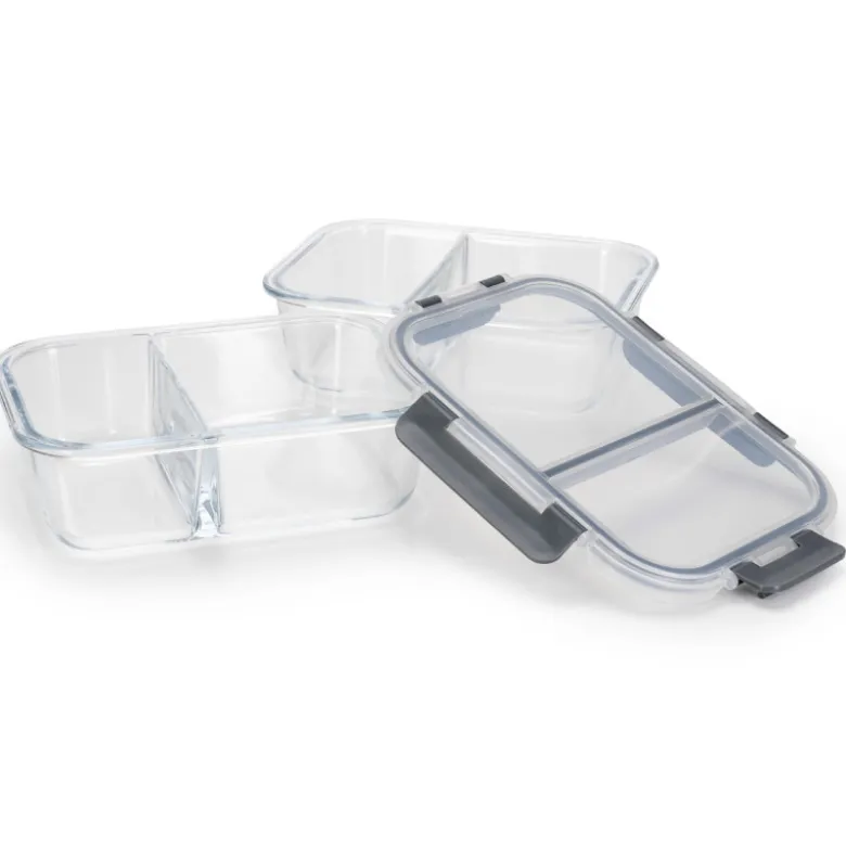 Zestaw 4 pojemników szklanych 1050 ml z przegrodą lunchbox GierekHoff Split 1104 żaroodporne hermetyczne dwukomorowe