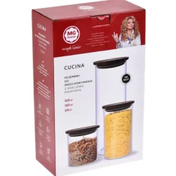 Zestaw 3 szklanych pojemników 600/1000/1600 ml z drewnianą pokrywką komplet MG Home Cucina
