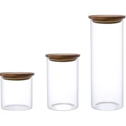 Zestaw 3 szklanych pojemników 600/1000/1600 ml z drewnianą pokrywką komplet MG Home Cucina